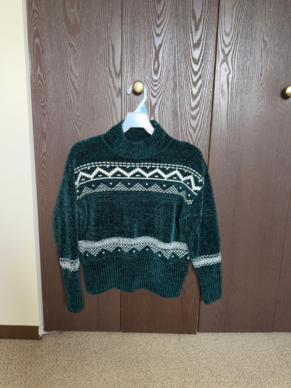 Christian Siriano Forest Green and Cream Patterned Turtleneck Sweater